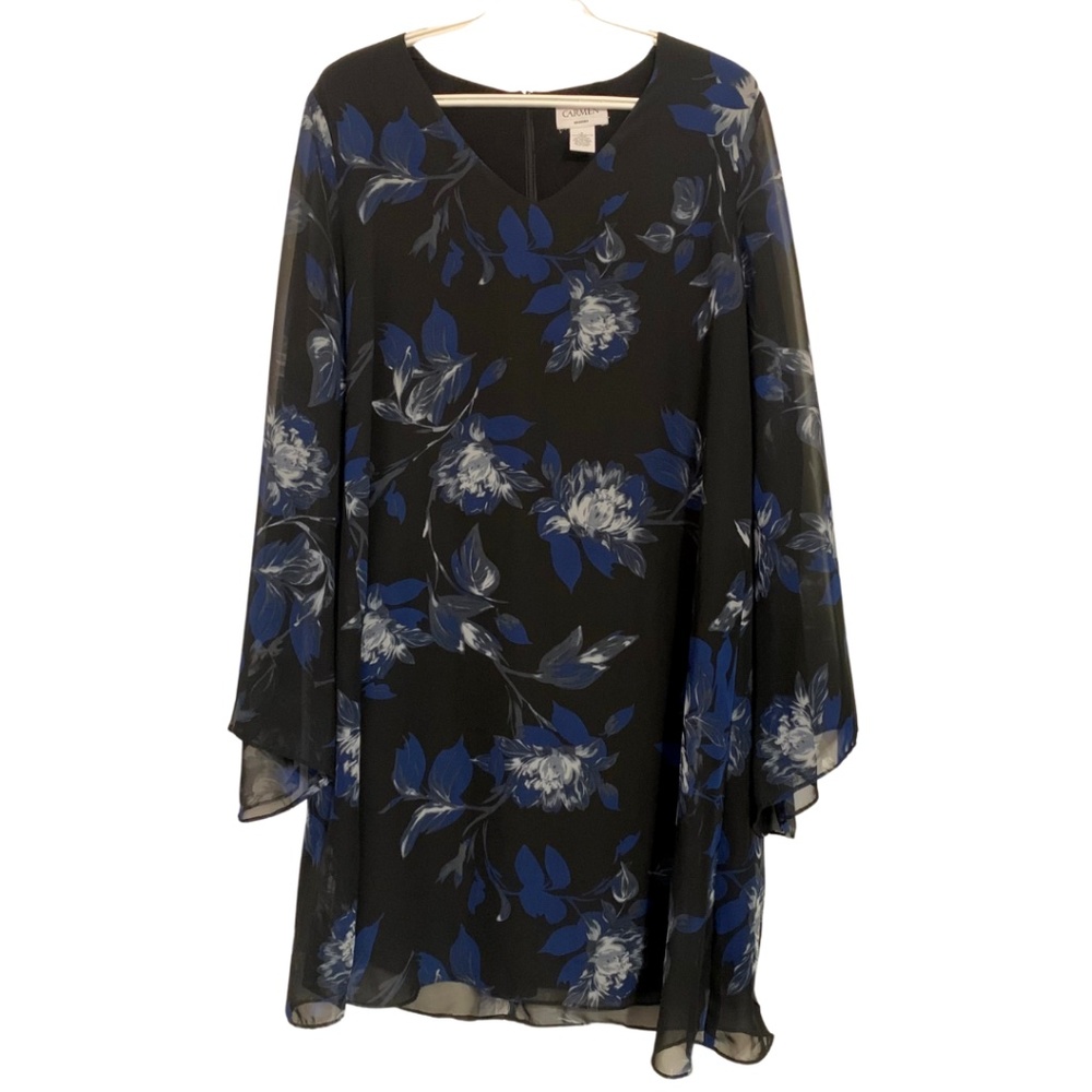 Carmen Marc Valvo | Black & Blue Floral Shit Long Sleeve Flowy Dress